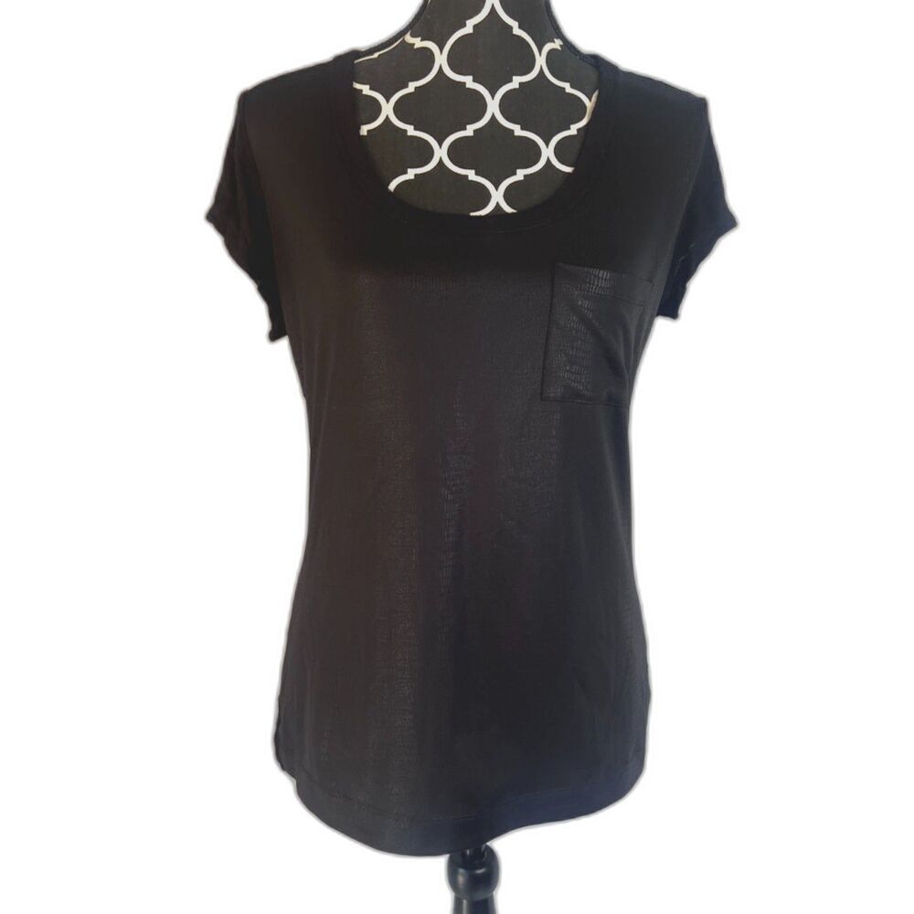 Calvin Klein Black Faux "Leather Look" Scoop Neck Viscose‎ Tshirt Size Medium